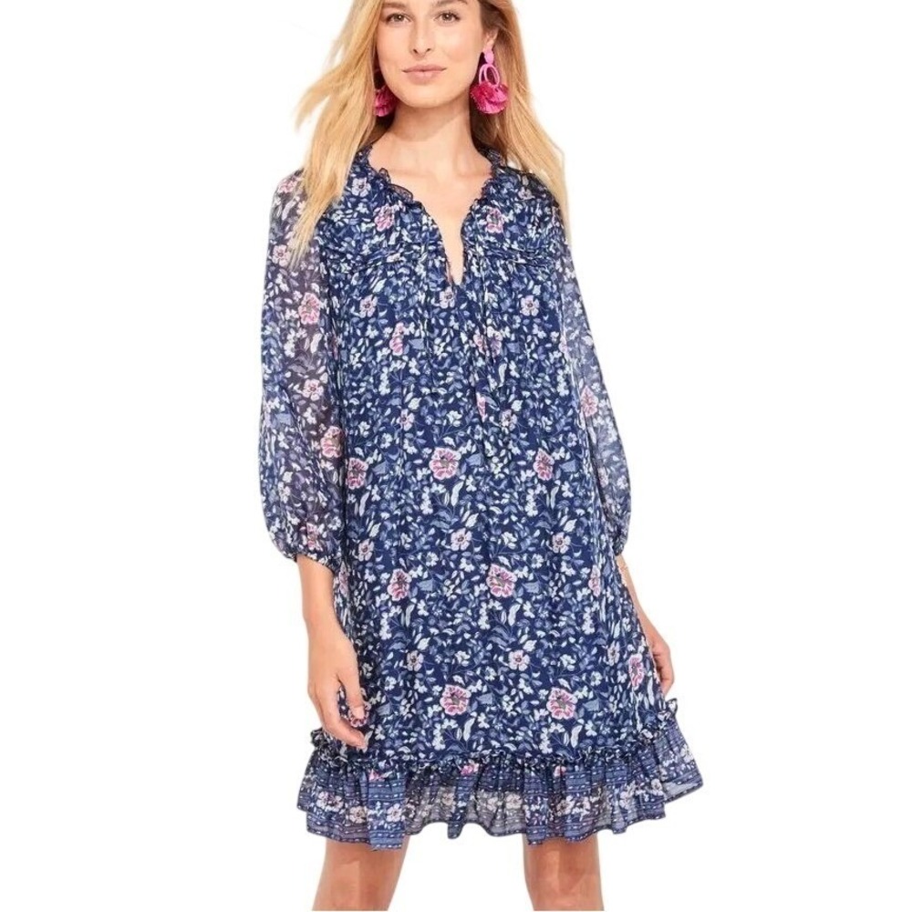 Vineyard Vines Silk Floral Shift Dress Women L Navy Coastal Preppy Romantic